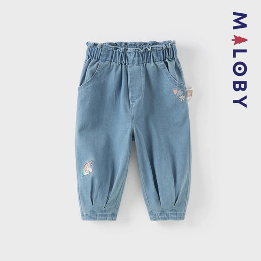 Pantalon jean brodé motif licorne enfant fille- bleu