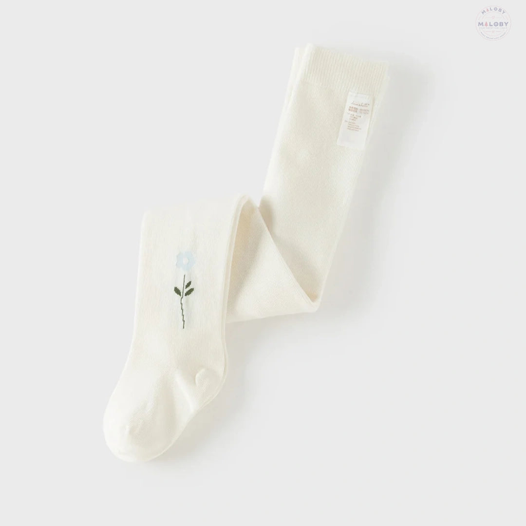 Collants épais brodés fleur enfant fille beige, vêtement enfant maroc - MALOBY
