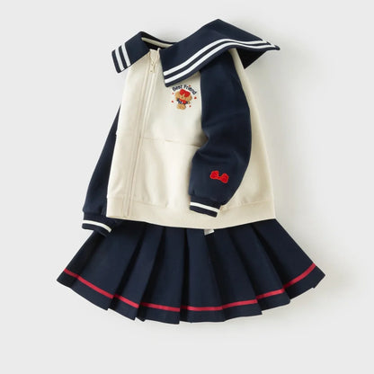Ensemble Style Marin – Veste Zippée et Jupe Plissée enfant fille -Marine
