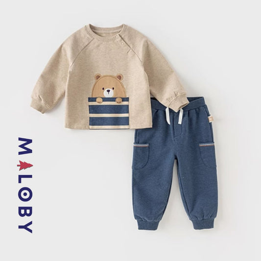 Ensemble garçon sweat + jogging- Bleu/beige -robes et ensembles pour filles, bébés et garcons - MALOBY