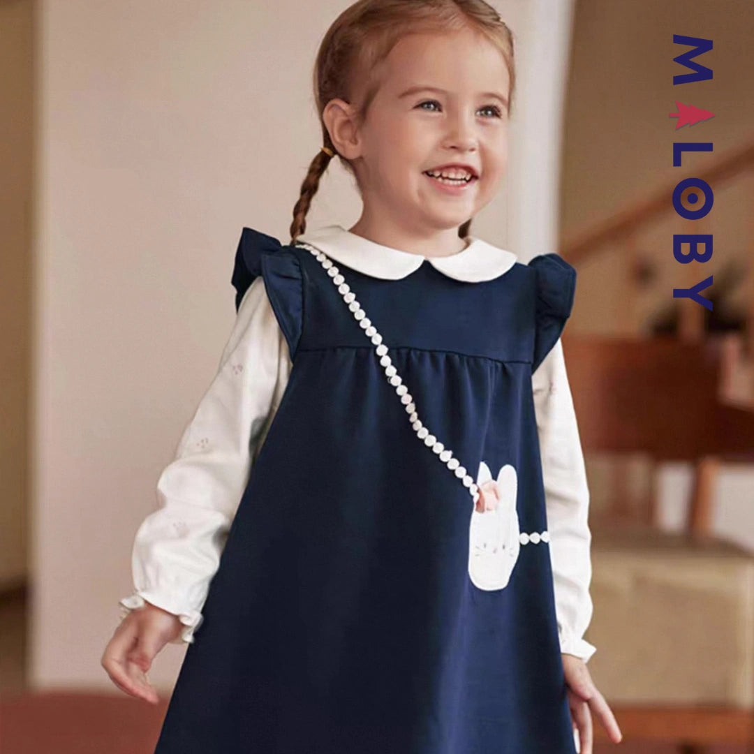 Robe bi-matière motif lapin enfant fille- Marine -robes et ensembles pour filles, bébés et garcons - MALOBY
