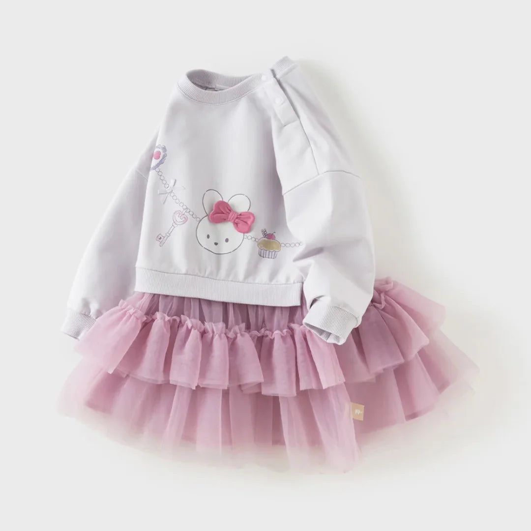 Robe Effet 2-en-1 Sweat et Tulle enfant fille –Violette