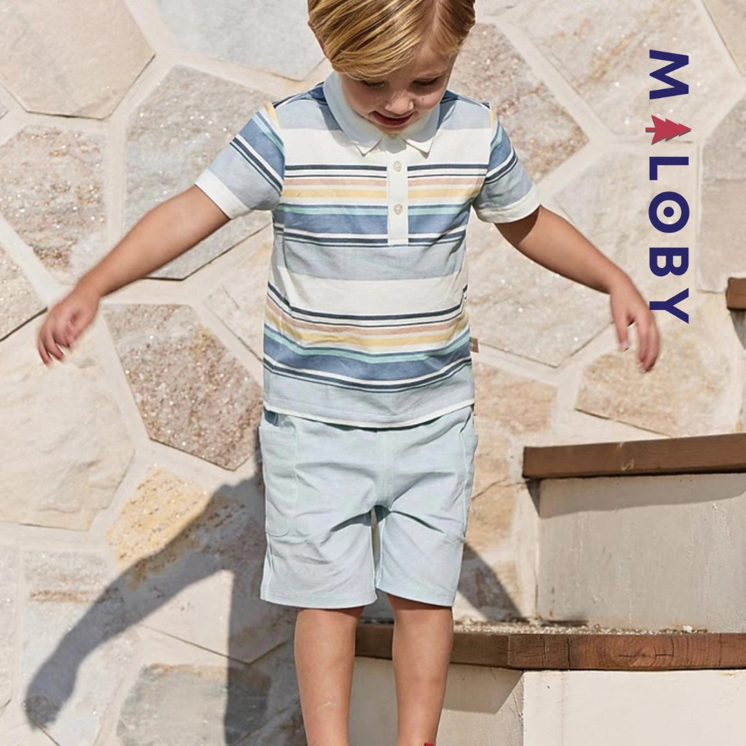Ensemble Polo Rayé & Short enfant garçon- Bleu Pâle