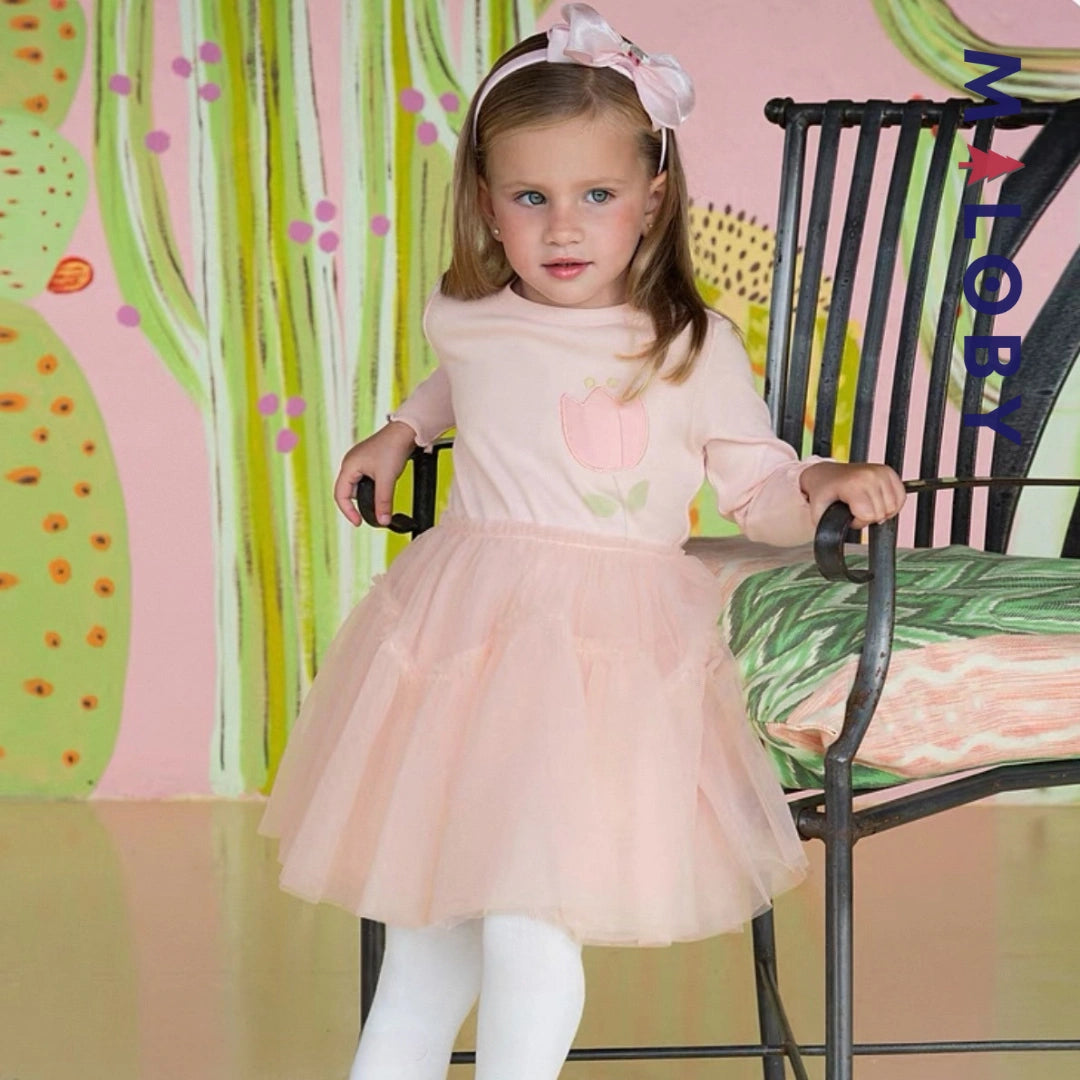 Robe cérémonie bi-matière motif fleur enfant fille- Rose