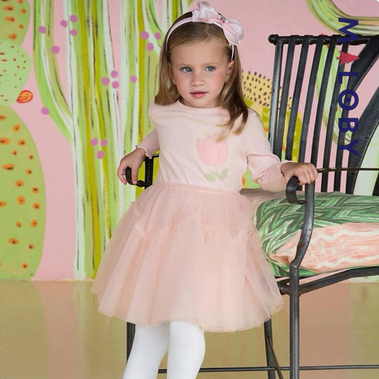 Robe cérémonie bi-matière motif fleur enfant fille- Rose