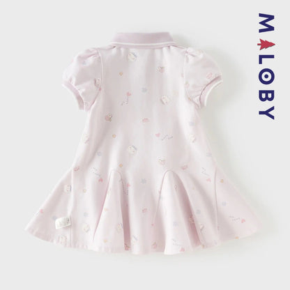 Robe polo motifs fantaisie enfant fille -Blanc/ Rose