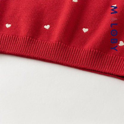 Pull en maille motifs cœurs enfant fille- Rouge / Beige