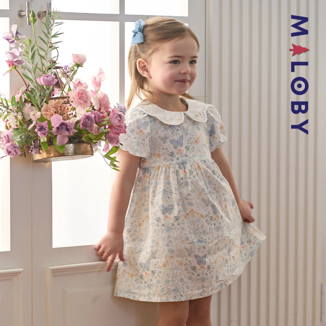Robe fleurie col claudine enfant fille- Blanc imprimé