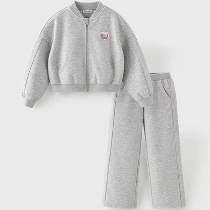 Ensemble sport veste zippée et pantalon évasé enfant fille- Gris chiné