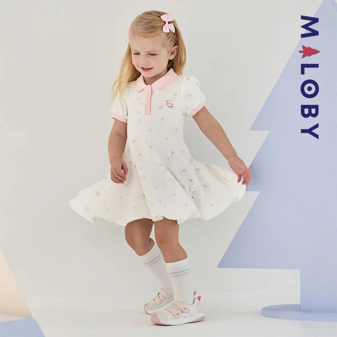Robe polo motifs fantaisie enfant fille -Blanc/ Rose