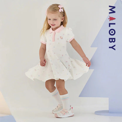Robe polo motifs fantaisie enfant fille -Blanc/ Rose