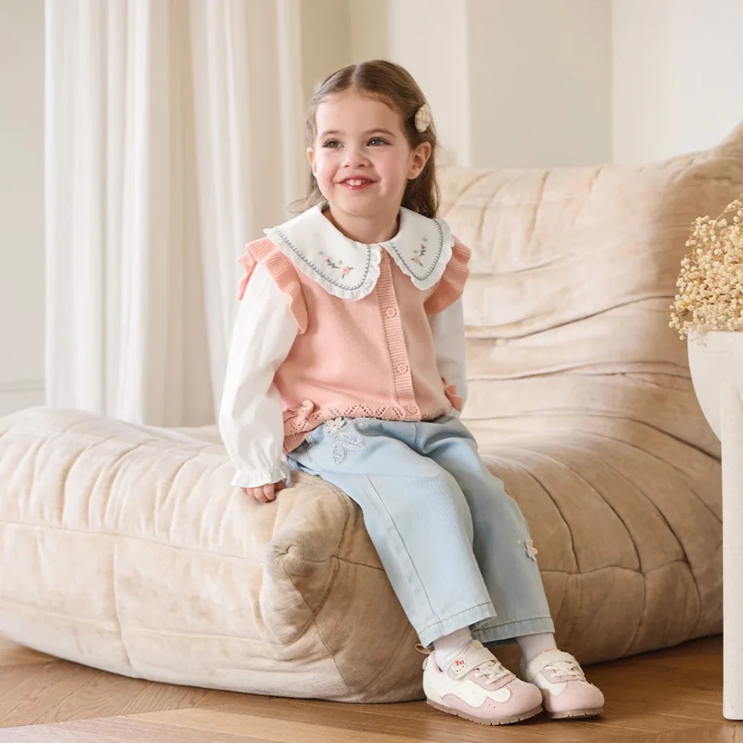 Gilet sans manches en maille 100% coton enfant fille -Rouge/Rose