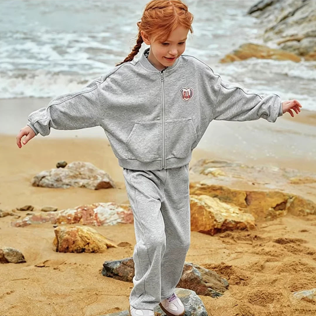 Ensemble sport veste zippée et pantalon évasé enfant fille- Gris chiné