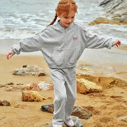 Ensemble sport veste zippée et pantalon évasé enfant fille- Gris chiné