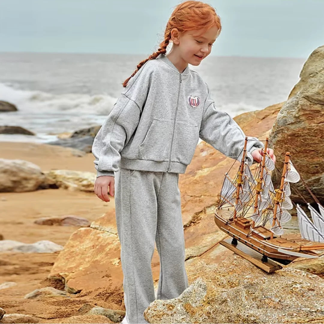 Ensemble sport veste zippée et pantalon évasé enfant fille- Gris chiné