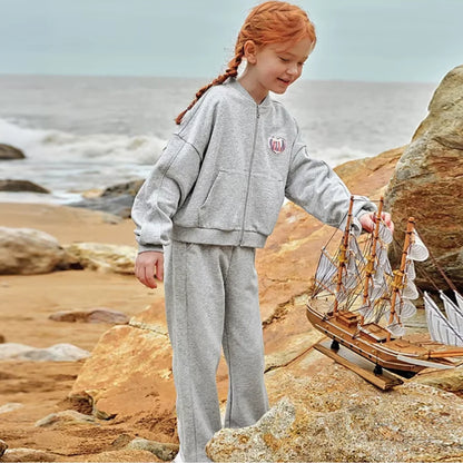 Ensemble sport veste zippée et pantalon évasé enfant fille- Gris chiné