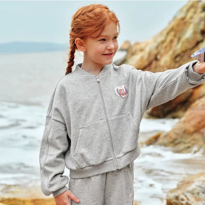 Ensemble sport veste zippée et pantalon évasé enfant fille- Gris chiné
