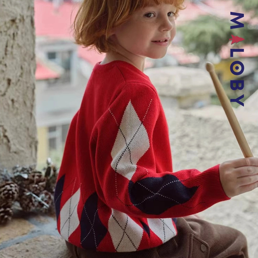 Pull Jacquard encolure ronde enfant garçon -Rouge -robes et ensembles pour filles, bébés et garcons - MALOBY