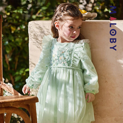Robe cérémonie brodée fleurs enfant fille -Vert