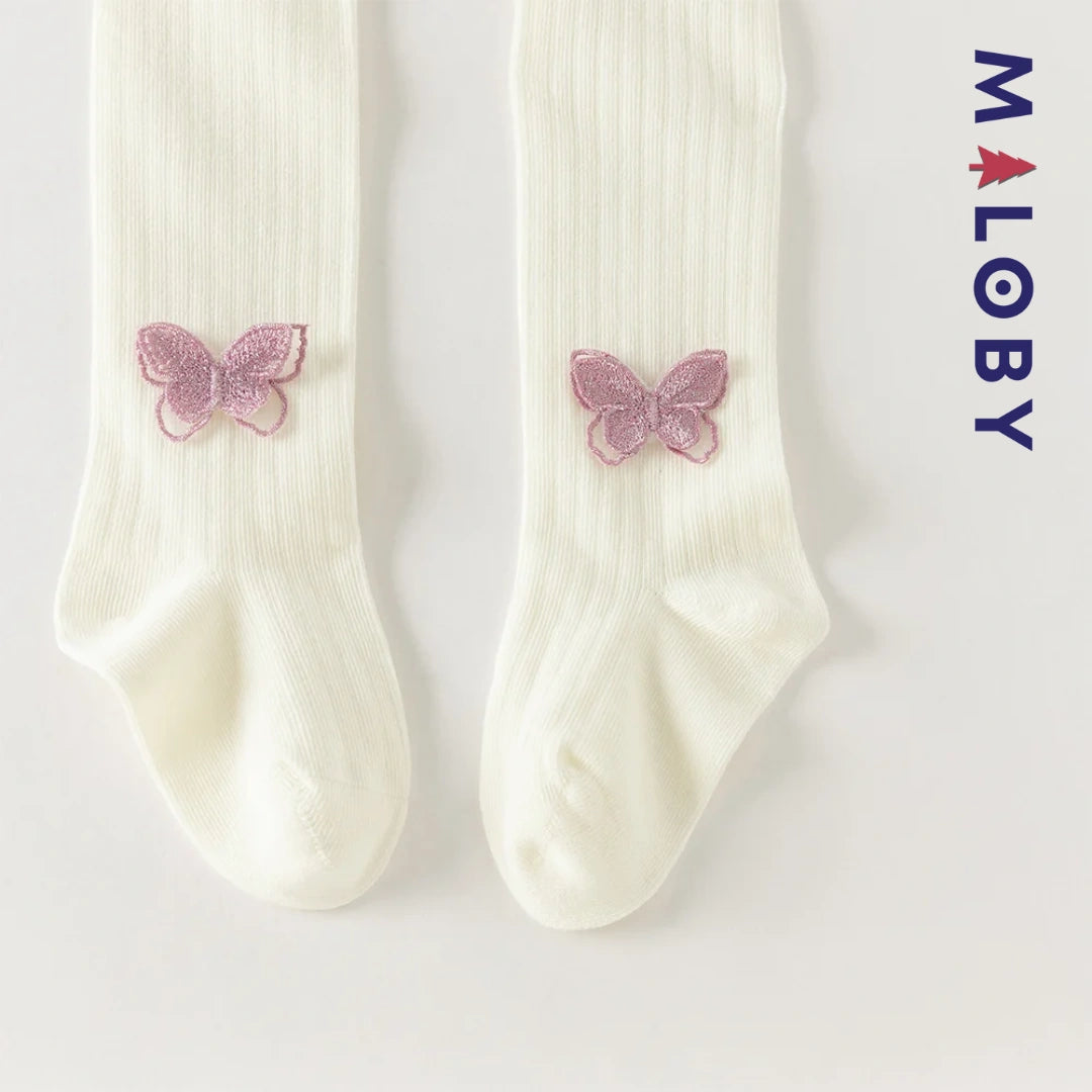 Collant côtelé avec papillons brodés enfant fille– Beige