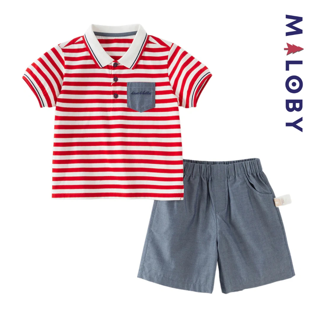 Ensemble 2 Pièces polo+ short en pur coton enfant garçon-Rouge rayé