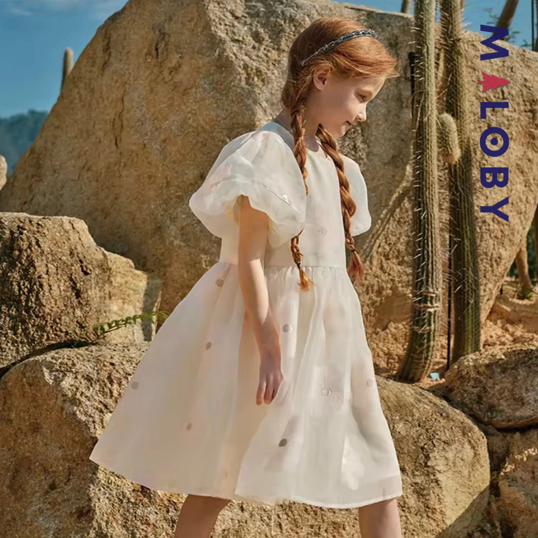 Robe princesse pour cérémonie à manches bouffantes enfant fille- Corail
