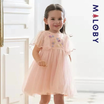 Robe de Cérémonie en Tulle à Broderie Florale 3D- Rose