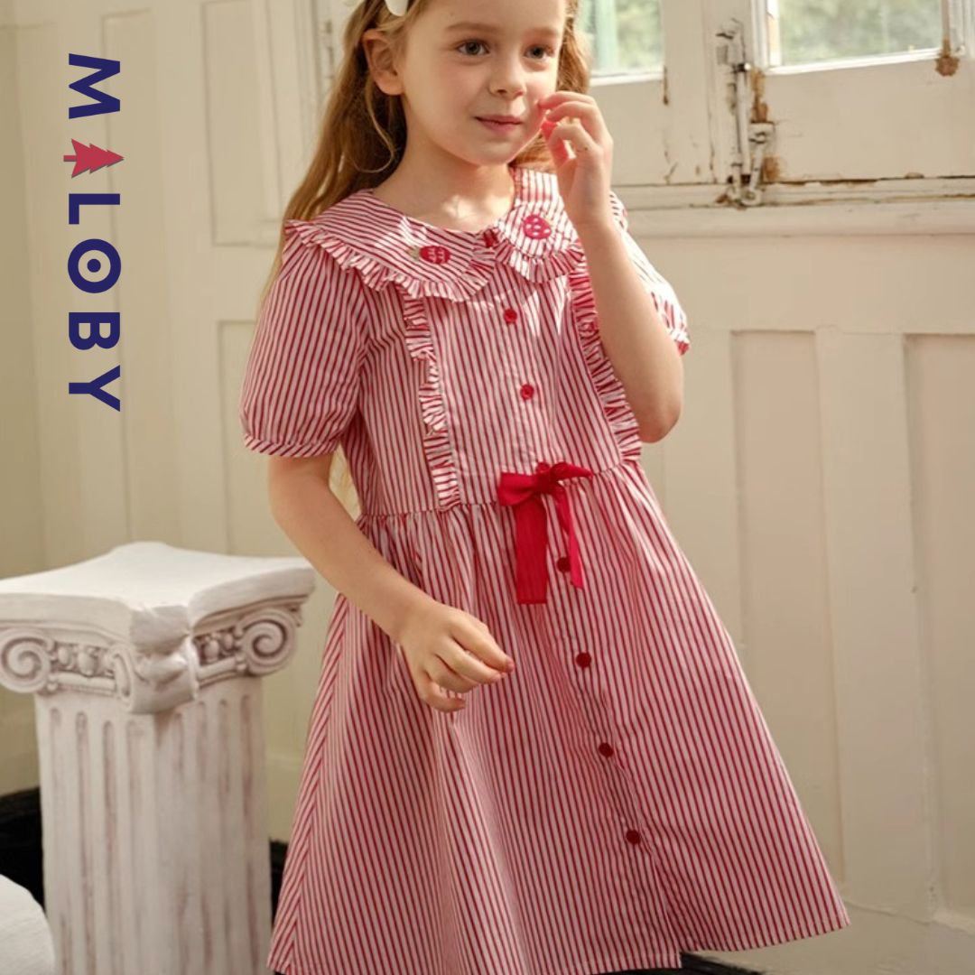 Robe manches courtes rayée enfant fille - Rouge -robes et ensembles pour filles, bébés et garcons - MALOBY