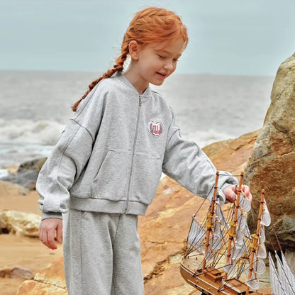 Ensemble sport veste zippée et pantalon évasé enfant fille- Gris chiné