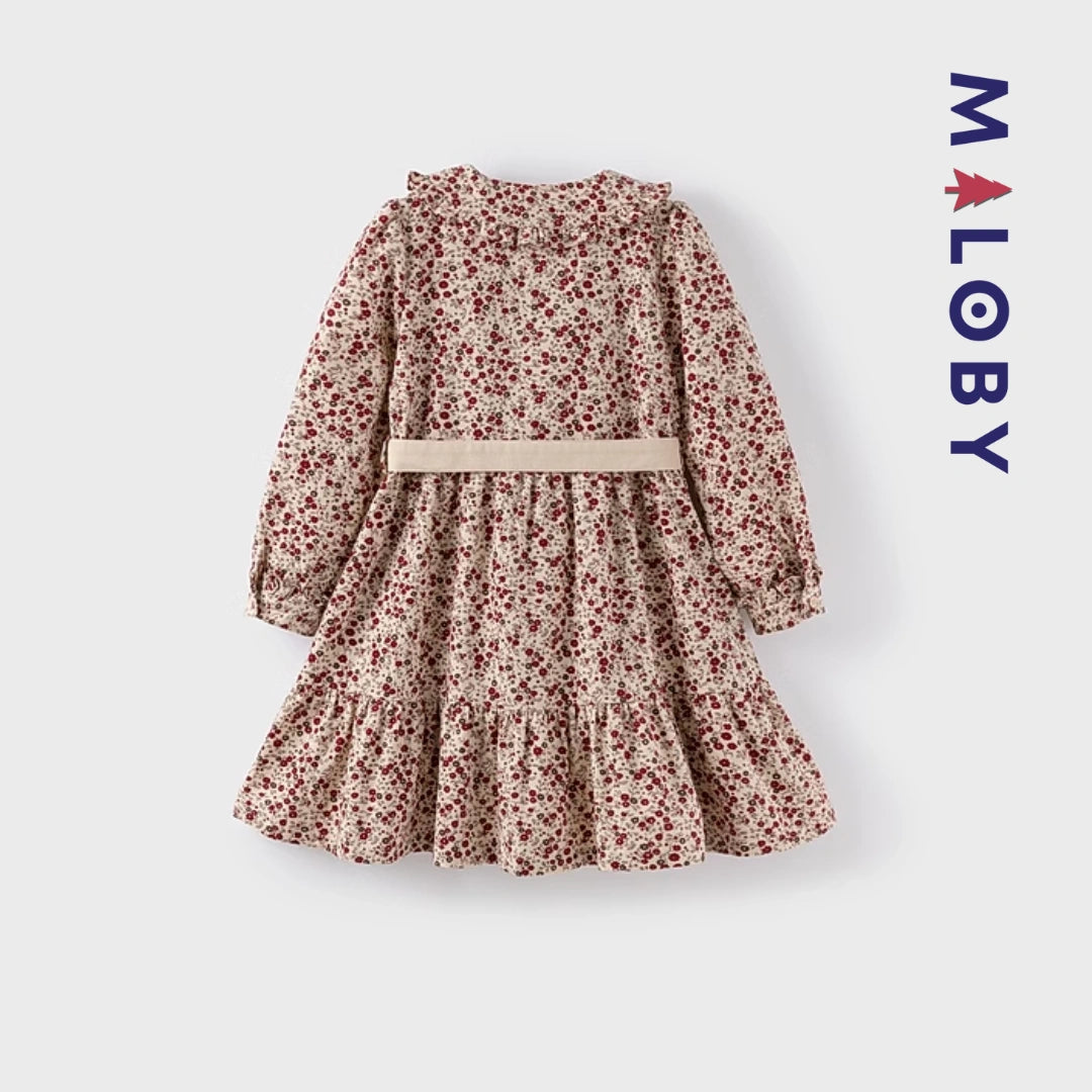 Robe en velours motifs fleuris enfant fille - Beige/Rouge imprimé -robes et ensembles pour filles, bébés et garcons - MALOBY