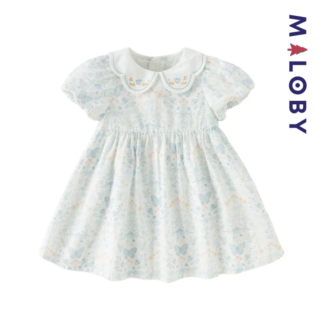 Robe fleurie col claudine enfant fille- Blanc imprimé