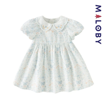 Robe fleurie col claudine enfant fille- Blanc imprimé