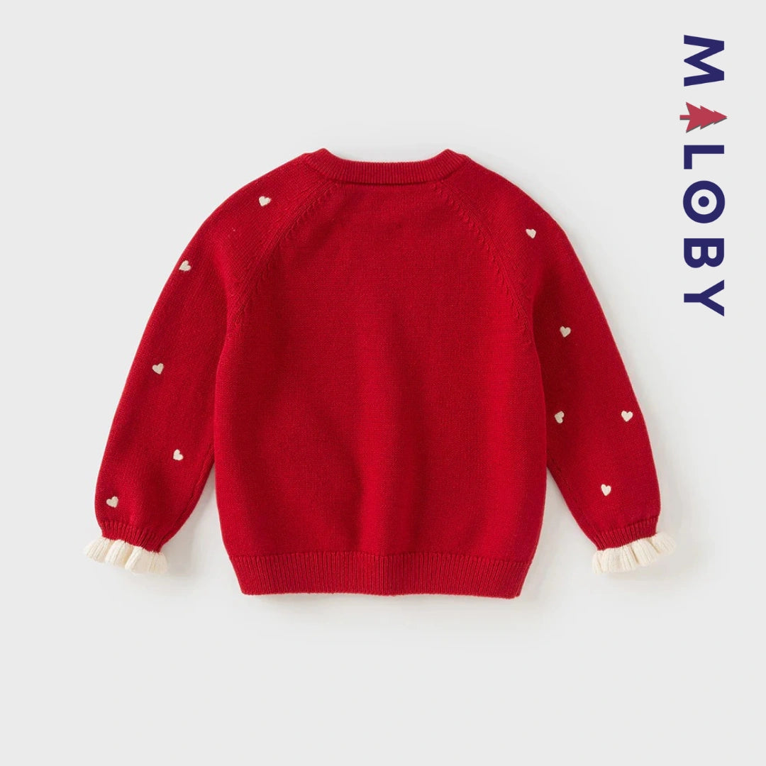 Pull en maille motifs cœurs enfant fille- Rouge / Beige