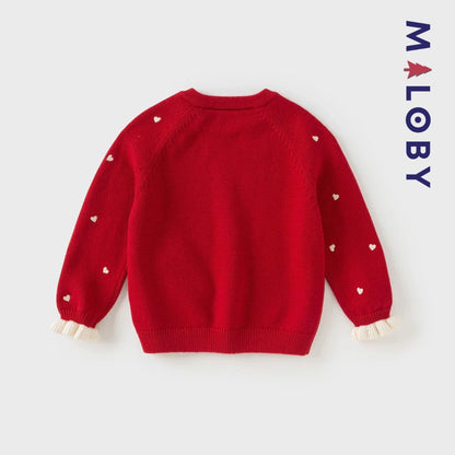 Pull en maille motifs cœurs enfant fille- Rouge / Beige