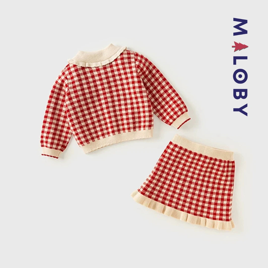 Ensemble à carreaux jupe + Cardigan - Rouge -robes et ensembles pour filles, bébés et garcons - MALOBY