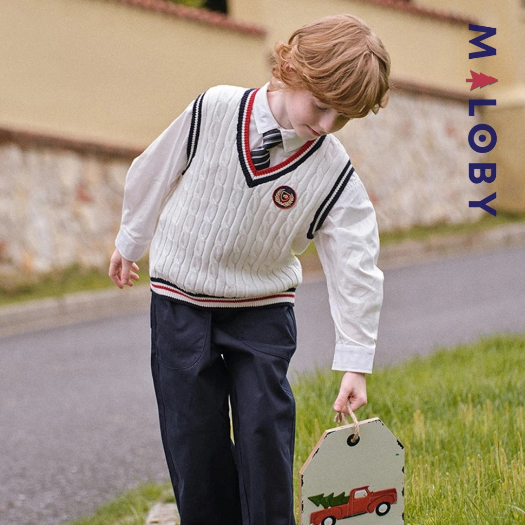 Pull sans manches style collège enfant garçon -Blanc -robes et ensembles pour filles, bébés et garcons - MALOBY