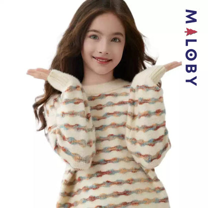 Pull en maille mousseuse enfant fille-Beige/Gris