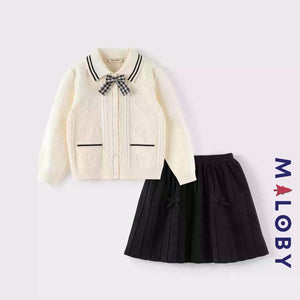 Ensemble jupe + Cardigan à nœud papillon- Bleu/Blanc -robes et ensembles pour filles, bébés et garcons - MALOBY