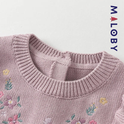 Robe bi-matière motifs brodés enfant fille- violet