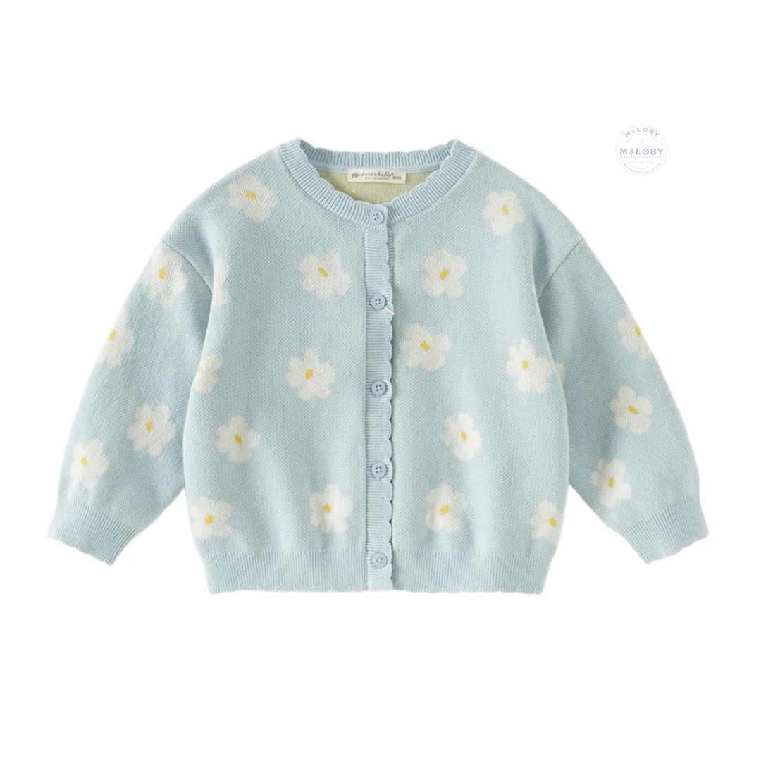 Cardigan en maille à fleurs enfant fille bleu ciel, vêtement enfant maroc - MALOBY