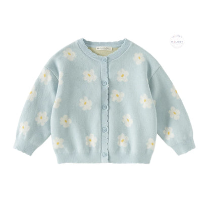 Cardigan en maille à fleurs enfant fille bleu ciel, vêtement enfant maroc - MALOBY