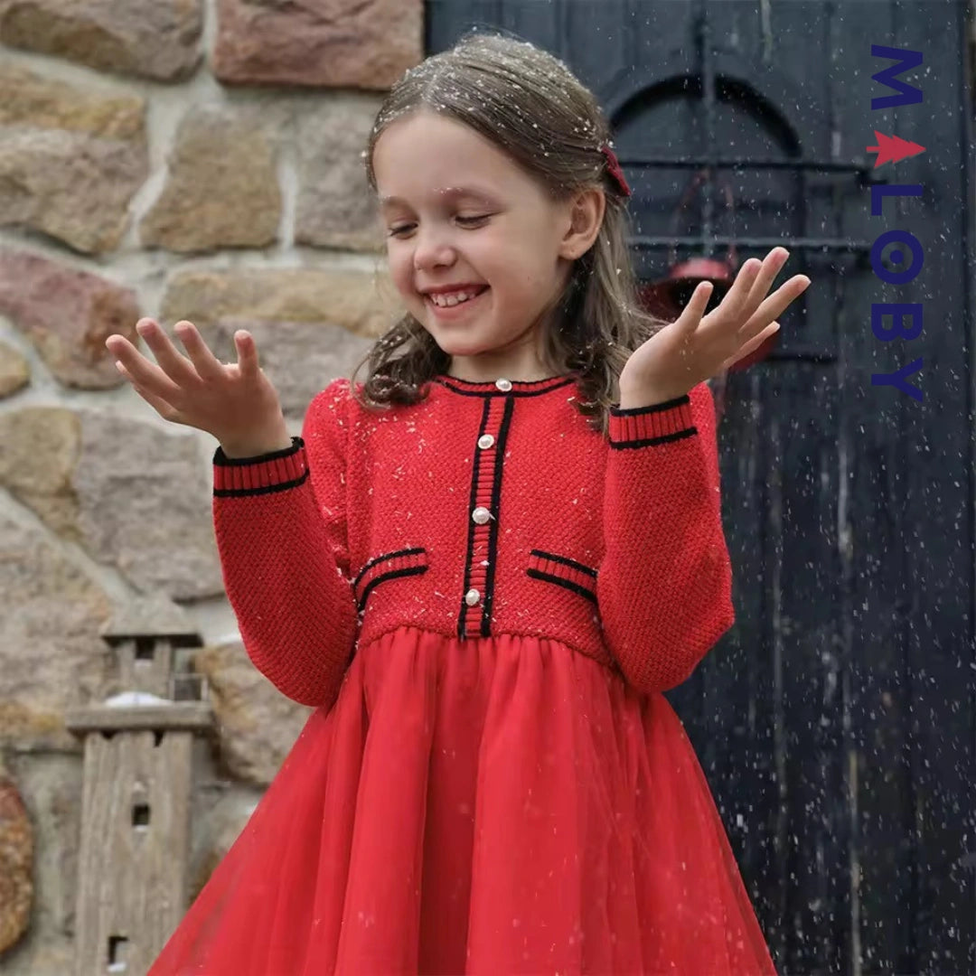 Robe habillée bi-matière enfant fille -Rouge -robes et ensembles pour filles, bébés et garcons - MALOBY