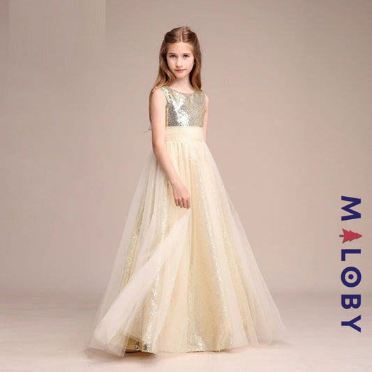 Robe longue de cérémonie - Beige/Or -robes et ensembles pour filles, bébés et garcons - MALOBY