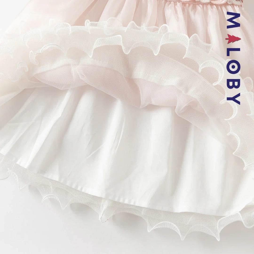 Robe cérémonie à fleurs brodées enfant fille- Rose poudré