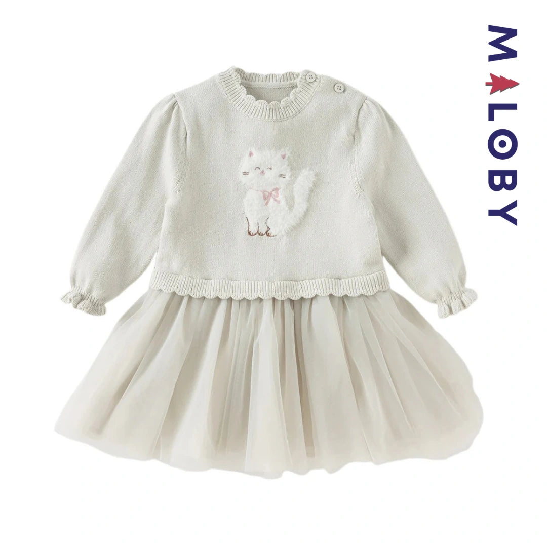 Robe bi-matière motif chat enfant fille- gris