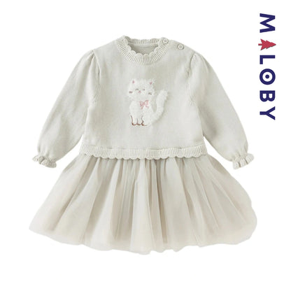Robe bi-matière motif chat enfant fille- gris