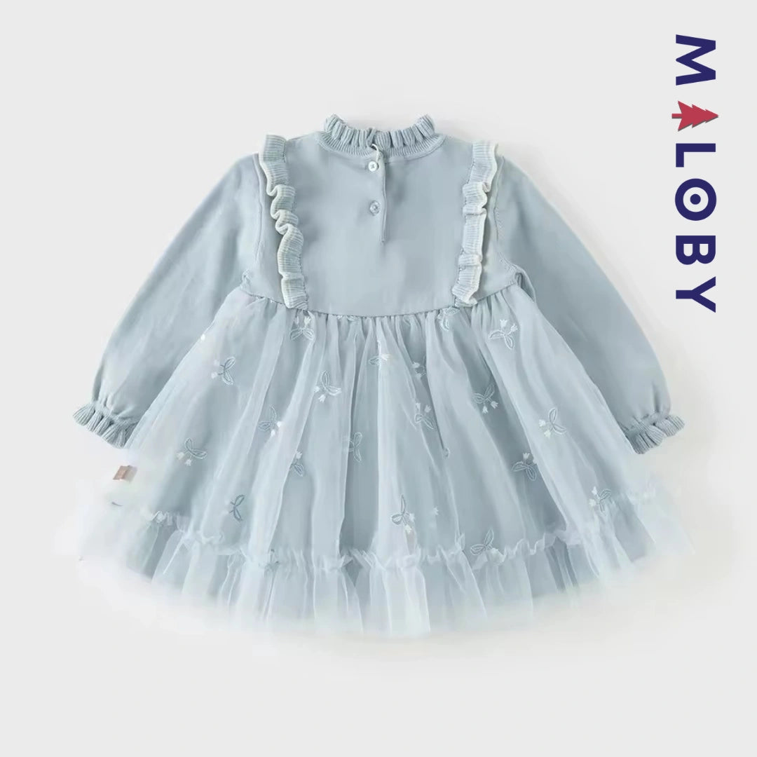 Robe princesse bi-matière enfant fille -Bleu ciel -robes et ensembles pour filles, bébés et garcons - MALOBY