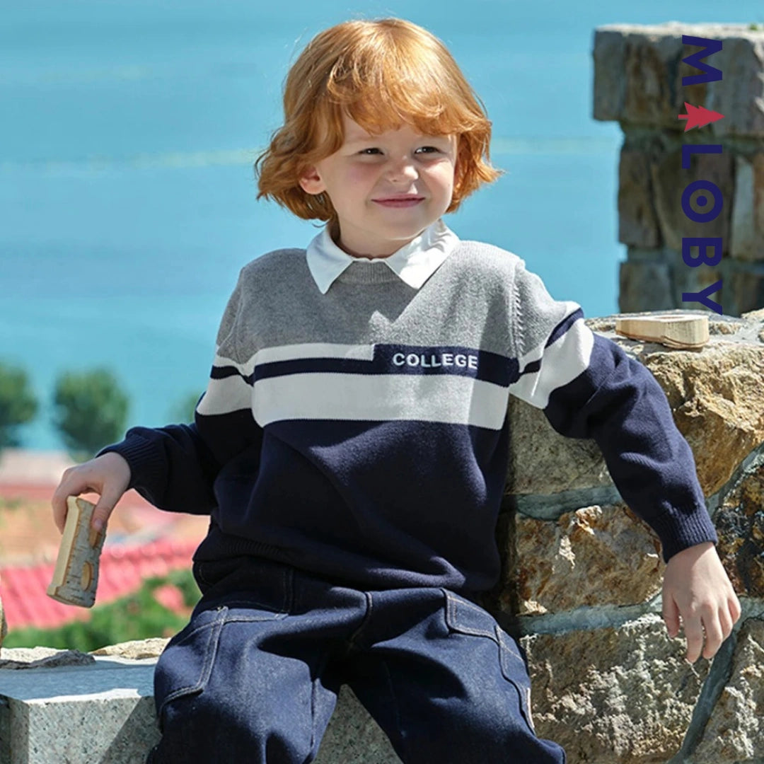 Pull à col chemise enfant garçon- marine -robes et ensembles pour filles, bébés et garcons - MALOBY