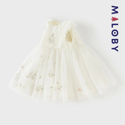 Robe cérémonie brodée manches courtes enfant fille -Beige
