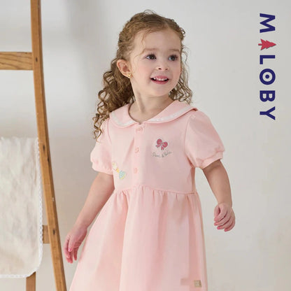 Robe manches courtes en piqué de coton enfant fille -Rose